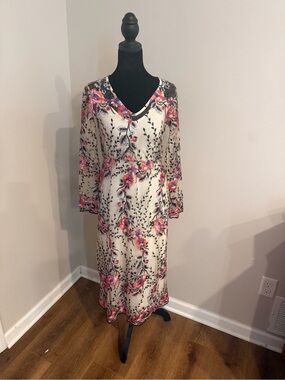 VILA Cream Midi Dress with Sheer Pink & Black Floral Print Dress